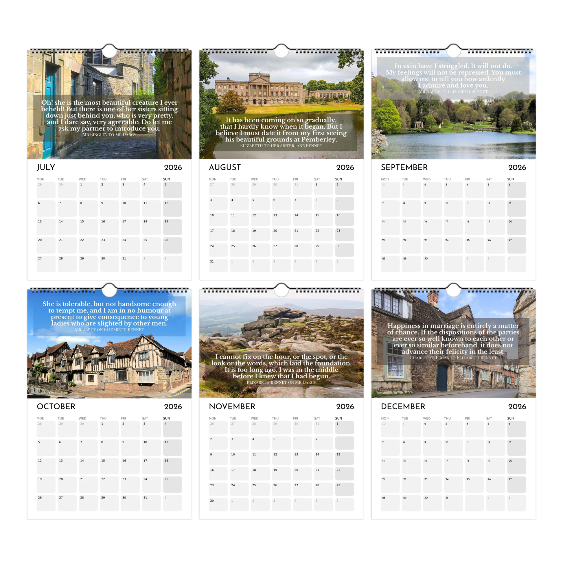 Pride and Prejudice Calendar 2026  Quotes July to December thumbnails