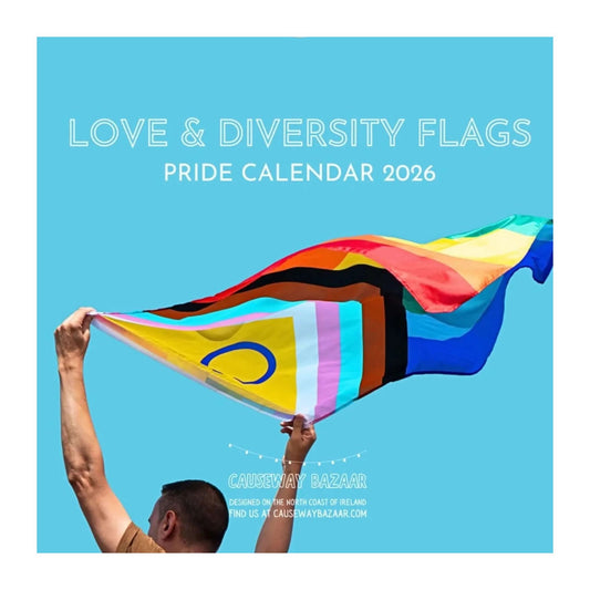 Pride Flags calendar 2026 featuring a person holding a rainbow flag against a blue background.