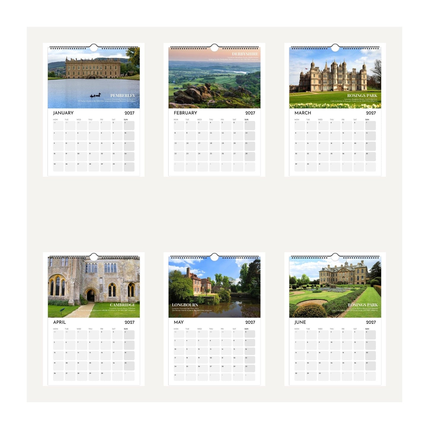 Preview thumbnails of January to June 2027 calendar pages for the Pride and Prejudice Filming Locations 2027 Wall Calendar