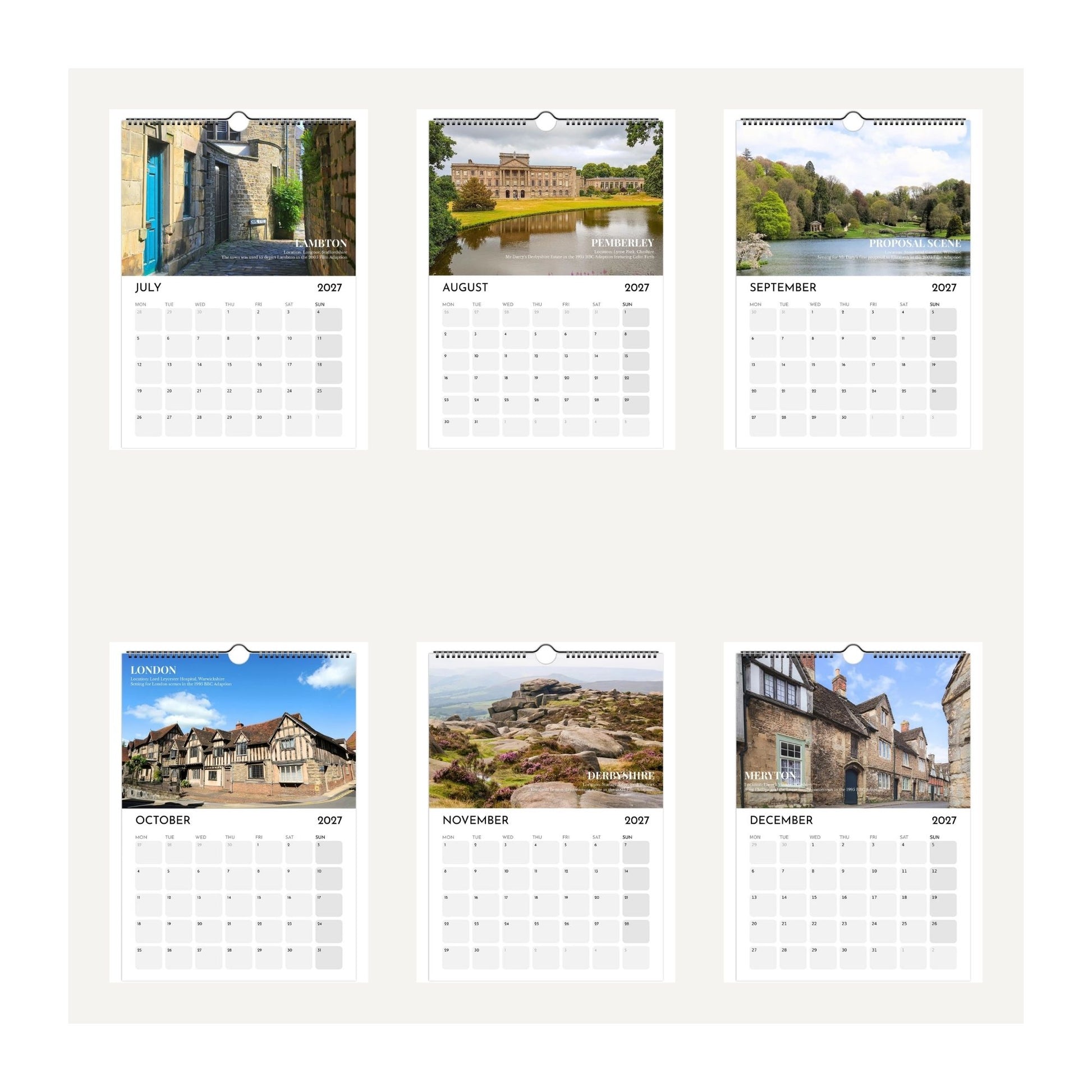 Preview thumbnails of July to December 2027 calendar pages for the Pride and Prejudice Filming Locations 2027 Wall Calendar