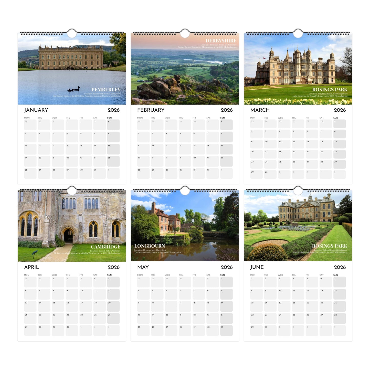 Pride and Prejudice Calendar 2026 January to June Thumbnails