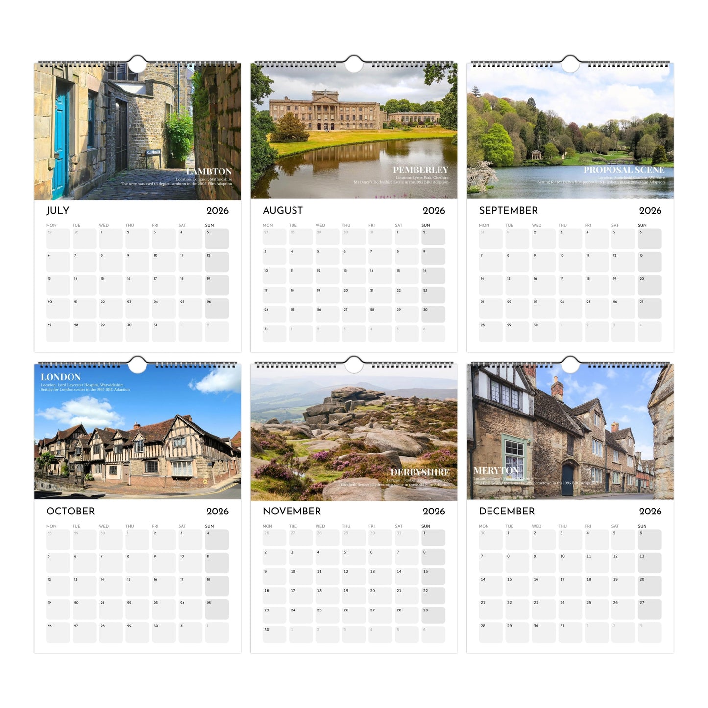 Pride and Prejudice Calendar 2026 July to December Thumbnails