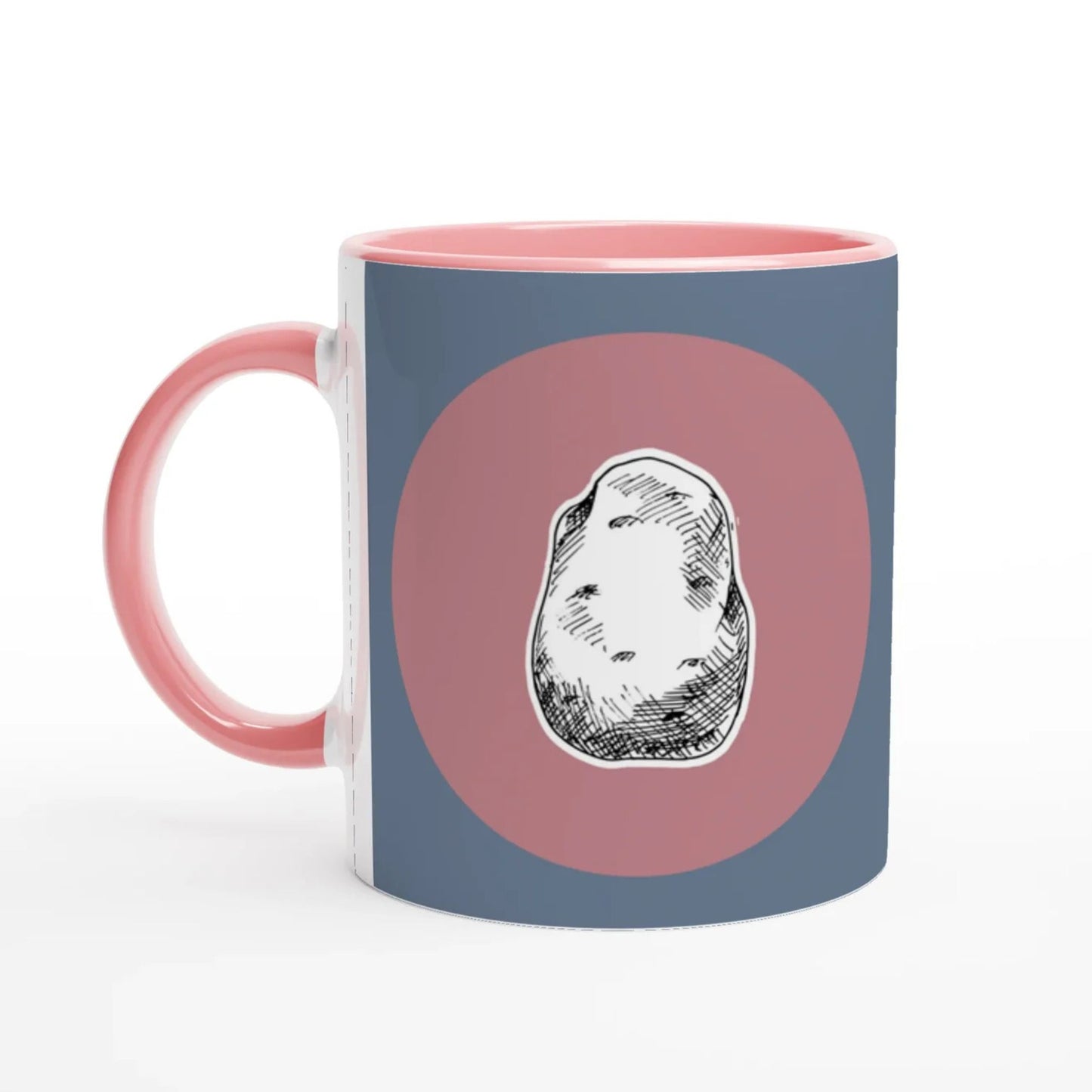 Jane Austen inspired mug with pink interior, blue exterior, and potato illustration on a white background