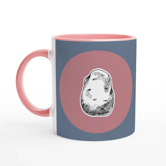 Jane Austen inspired mug with pink interior, blue exterior, and potato illustration on a white background