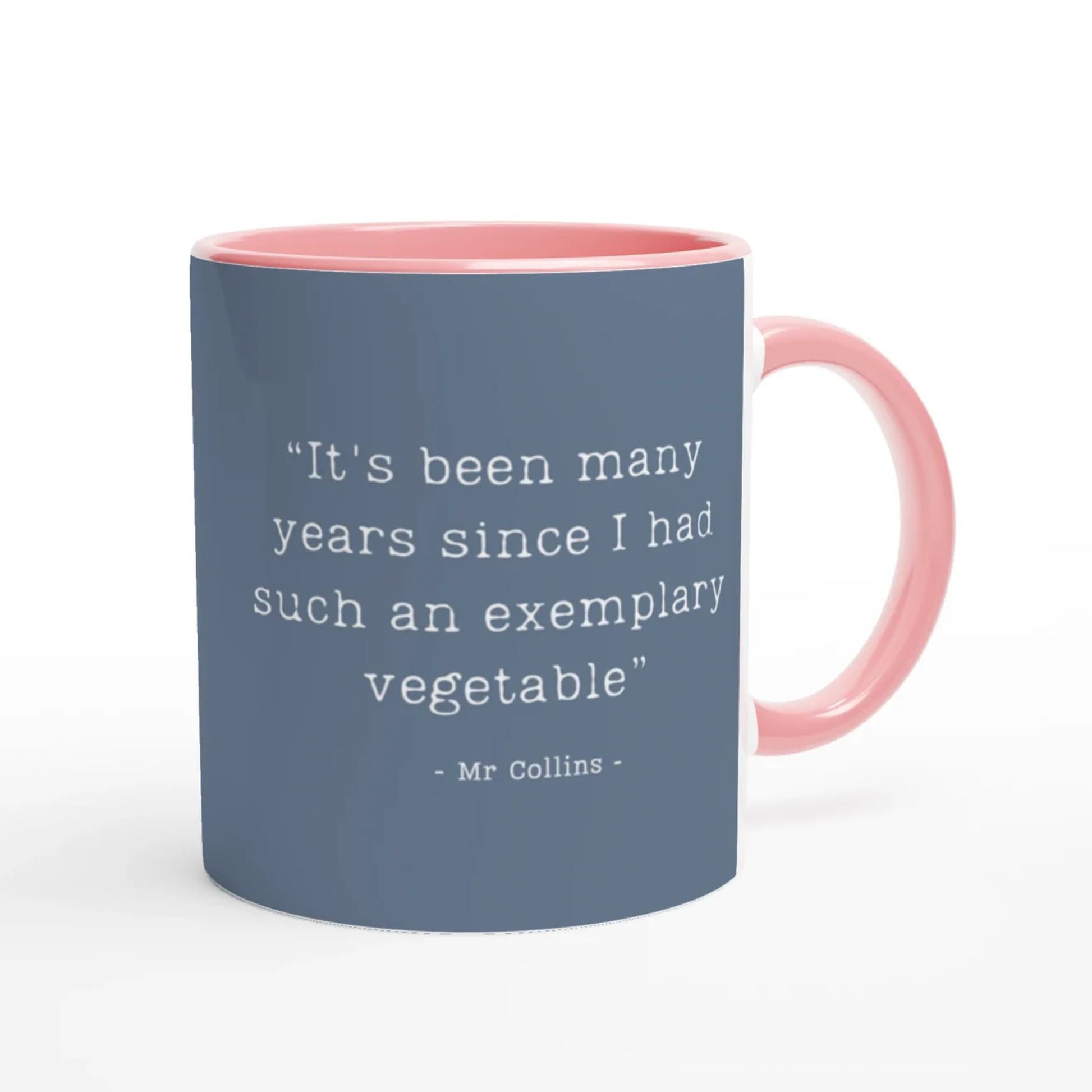 Pride and Prejudice inspired blue mug with pink interior and handle featuring a humorous quote by Mr. Collins.