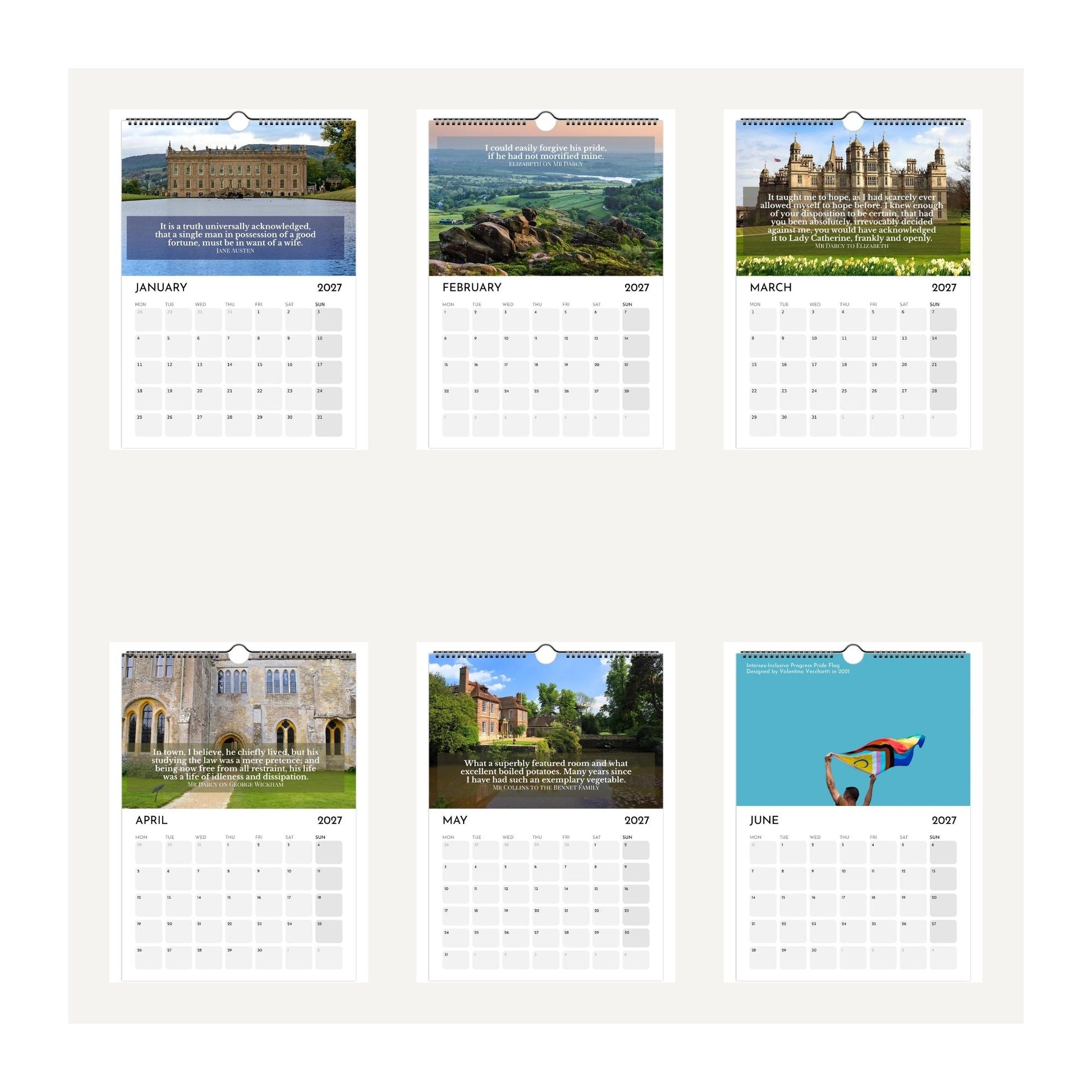 Six thumbnail images arranged in a 2x3 grid on a light beige background of the months January to June 2027. Each page features a different scenic photograph with text and a monthly calendar layout from 2027, including January through June.