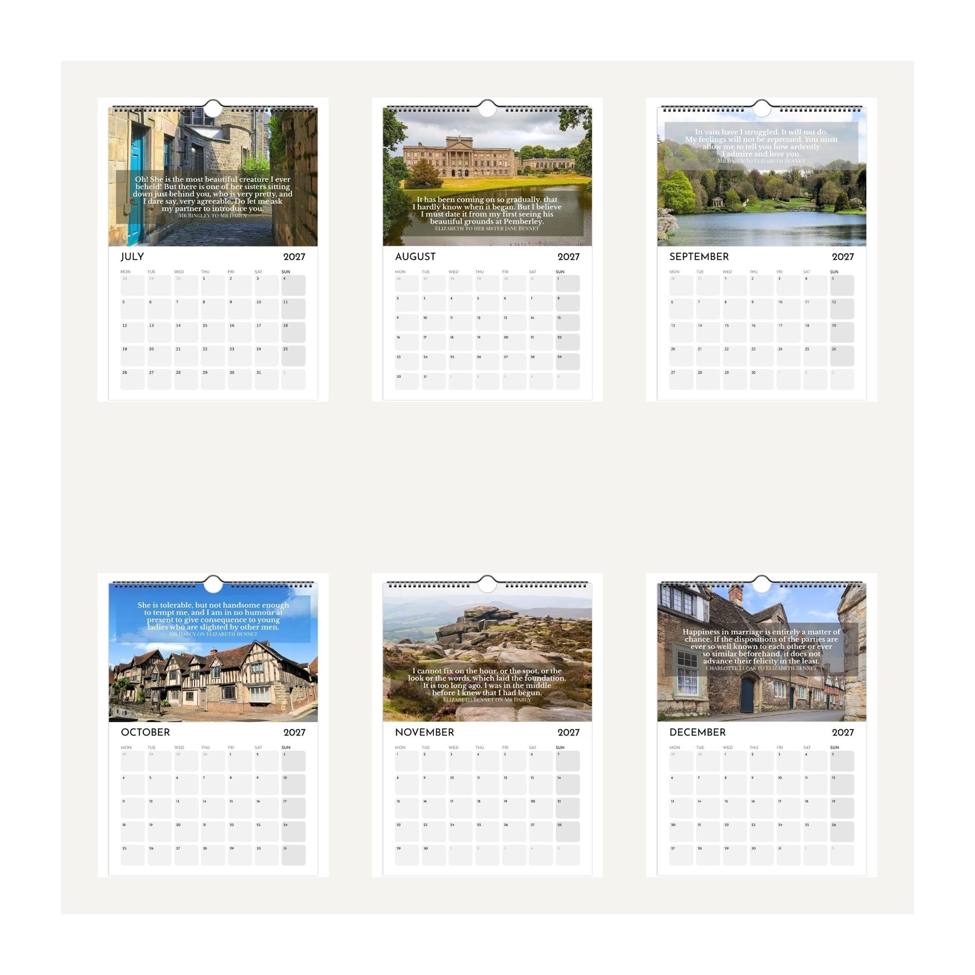 Six thumbnail images arranged in a 2x3 grid on a light beige background of the months July to December 2027. Each page features a different scenic photograph with text and a monthly calendar layout from 2027, including January through June.
