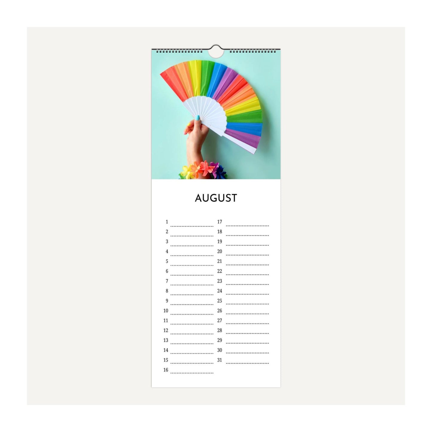 Rainbow Pride birthday calendar page for August with a colourful fan and hand on a light blue background