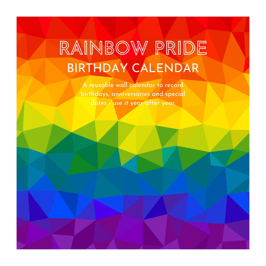 Rainbow Pride birthday calendar with rainbow pride cover design on a geometric pattern