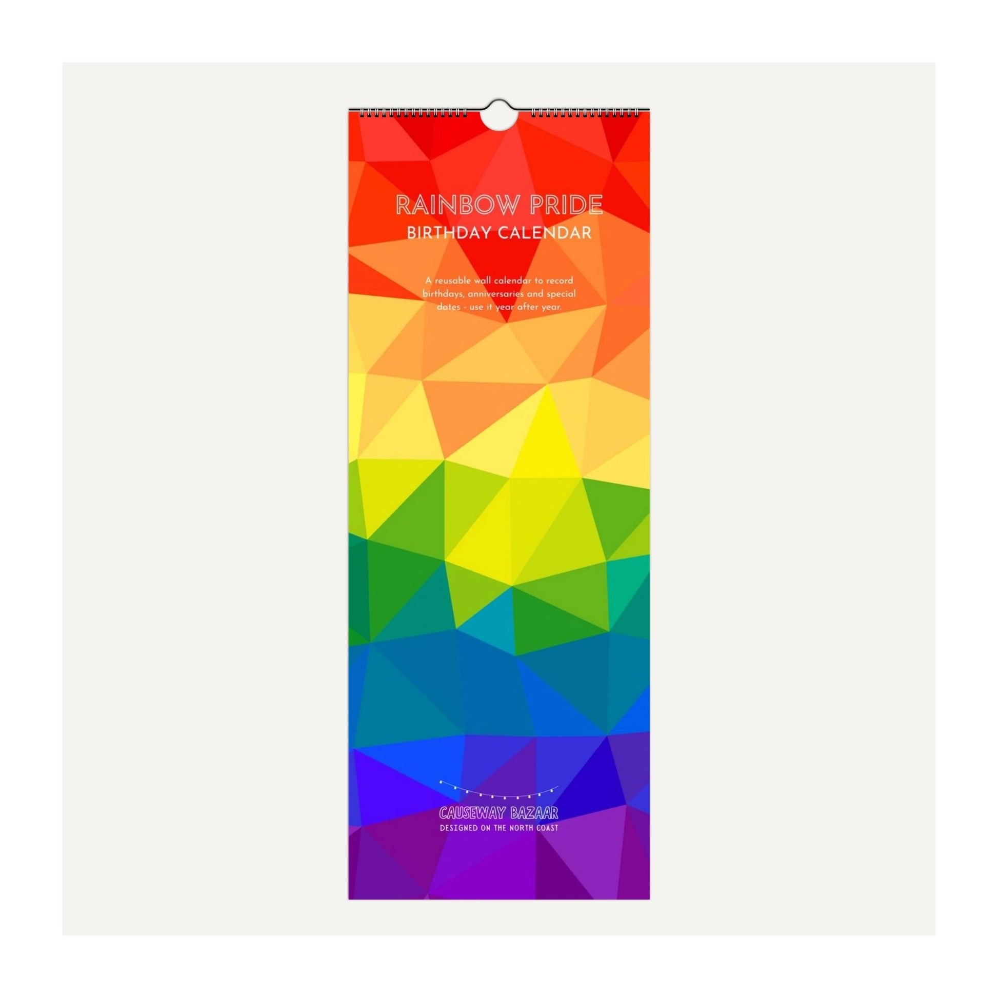 Rainbow Pride birthday calendar front cover with geometric Rainbow Pride design on a white background