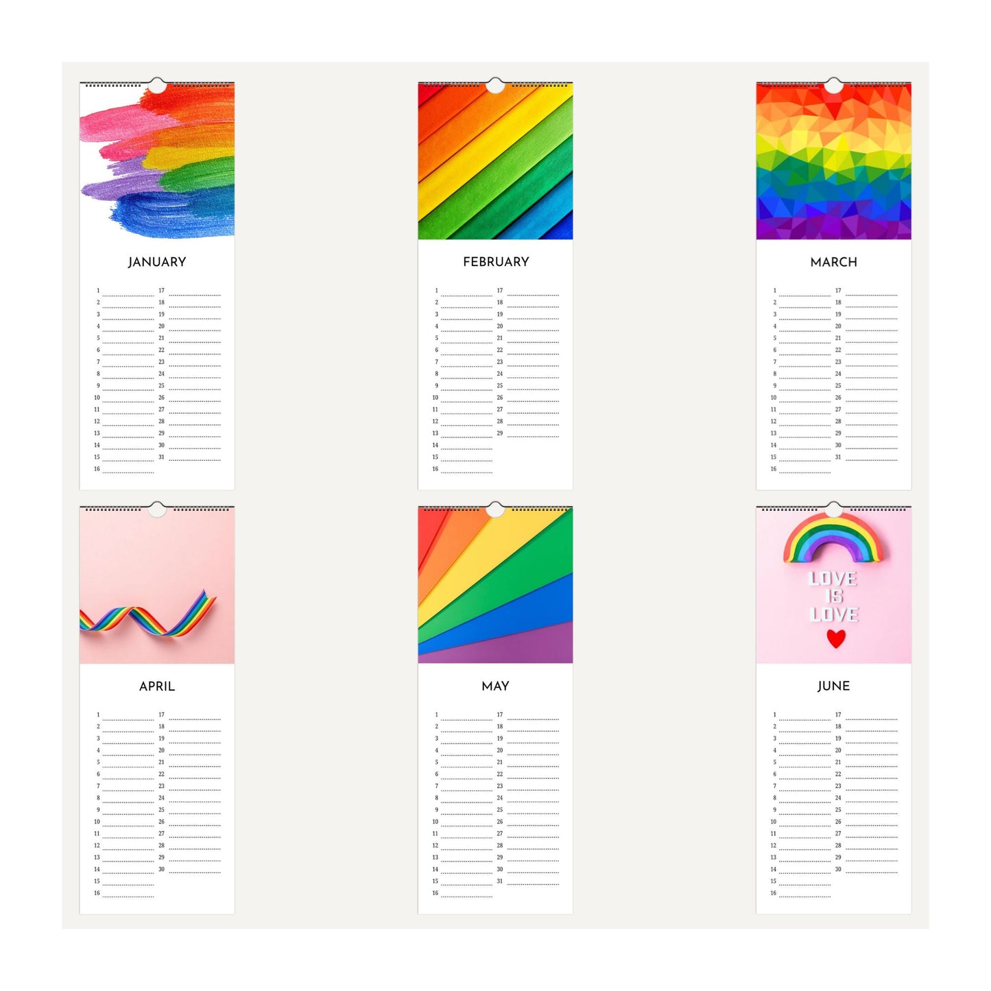 Rainbow Pride birthday perpetual calendar thumbnail images for January through to June 