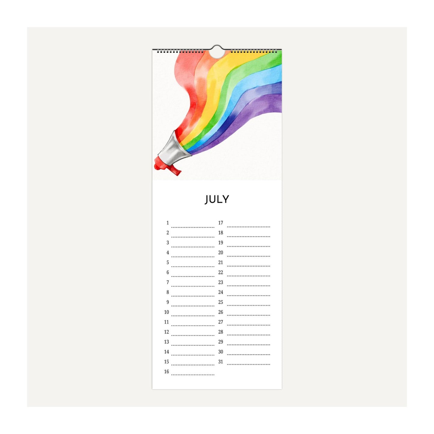 Rainbow Pride birthday perpetual calendar page for July with a colourful rainbow design on a white background