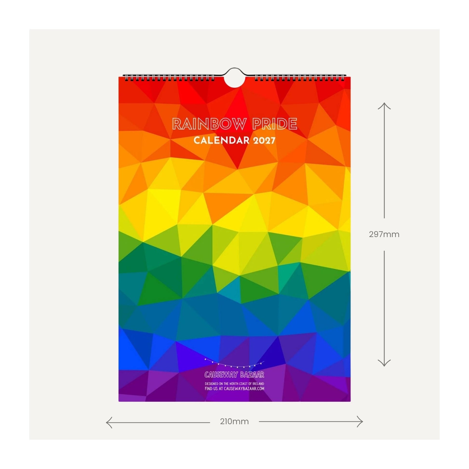 A rainbow pride calendar 2027 shown as a product mockup with dimension arrows indicating 297mm height and 210mm width on a light gray background.