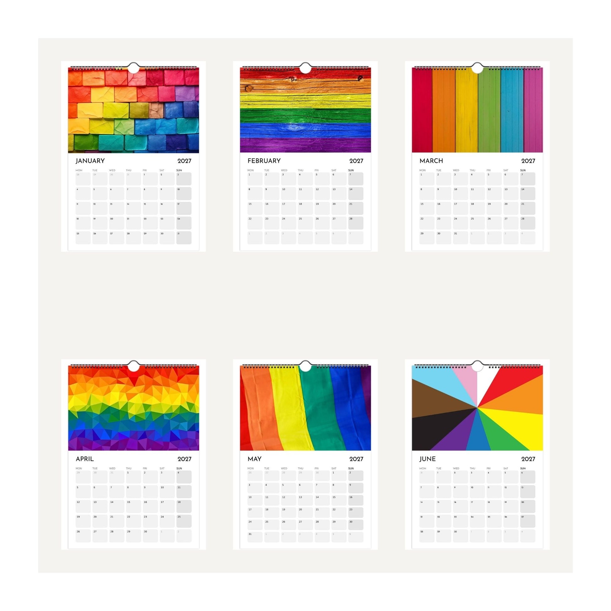 Thumbnail images of the January to June 2027 pages from the Rainbow Pride 2027 wall calendar by Causeway Bazaar.