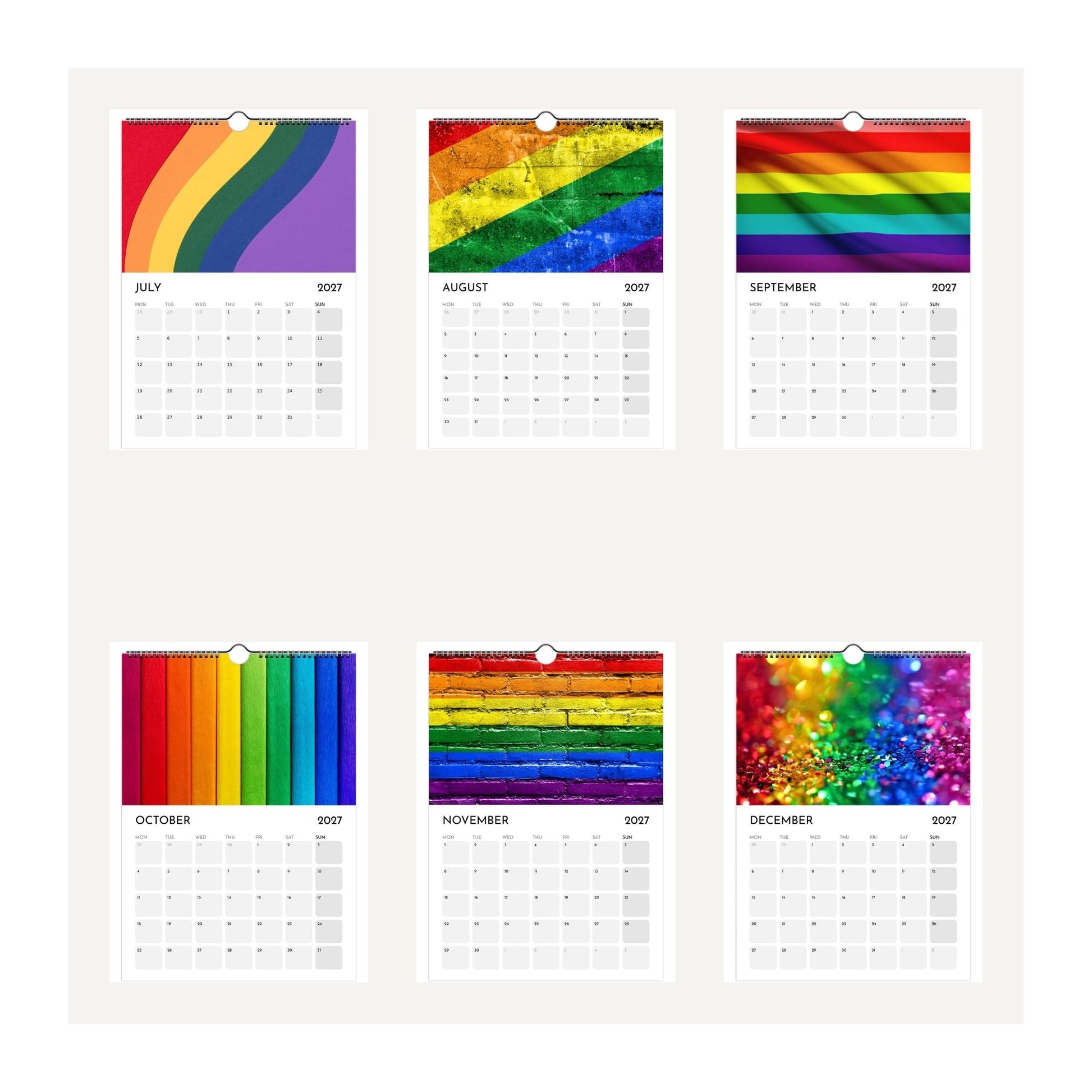 Thumbnail images of the July to December 2027 pages from the Rainbow Pride 2027 wall calendar by Causeway Bazaar.