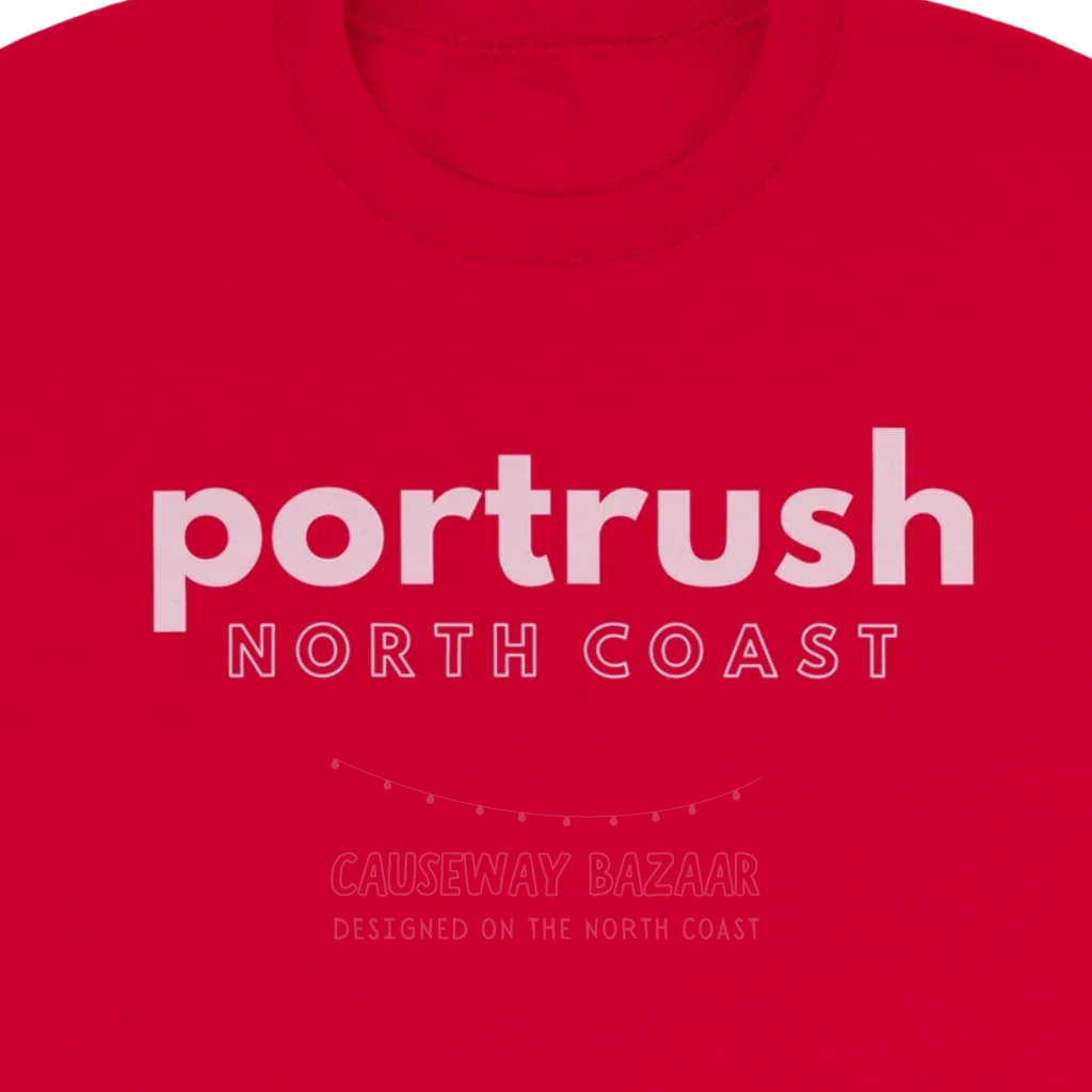 Red Portrush North Coast Sweater with Pink Text by Causeway Bazaar Northern Ireland (Detail View)