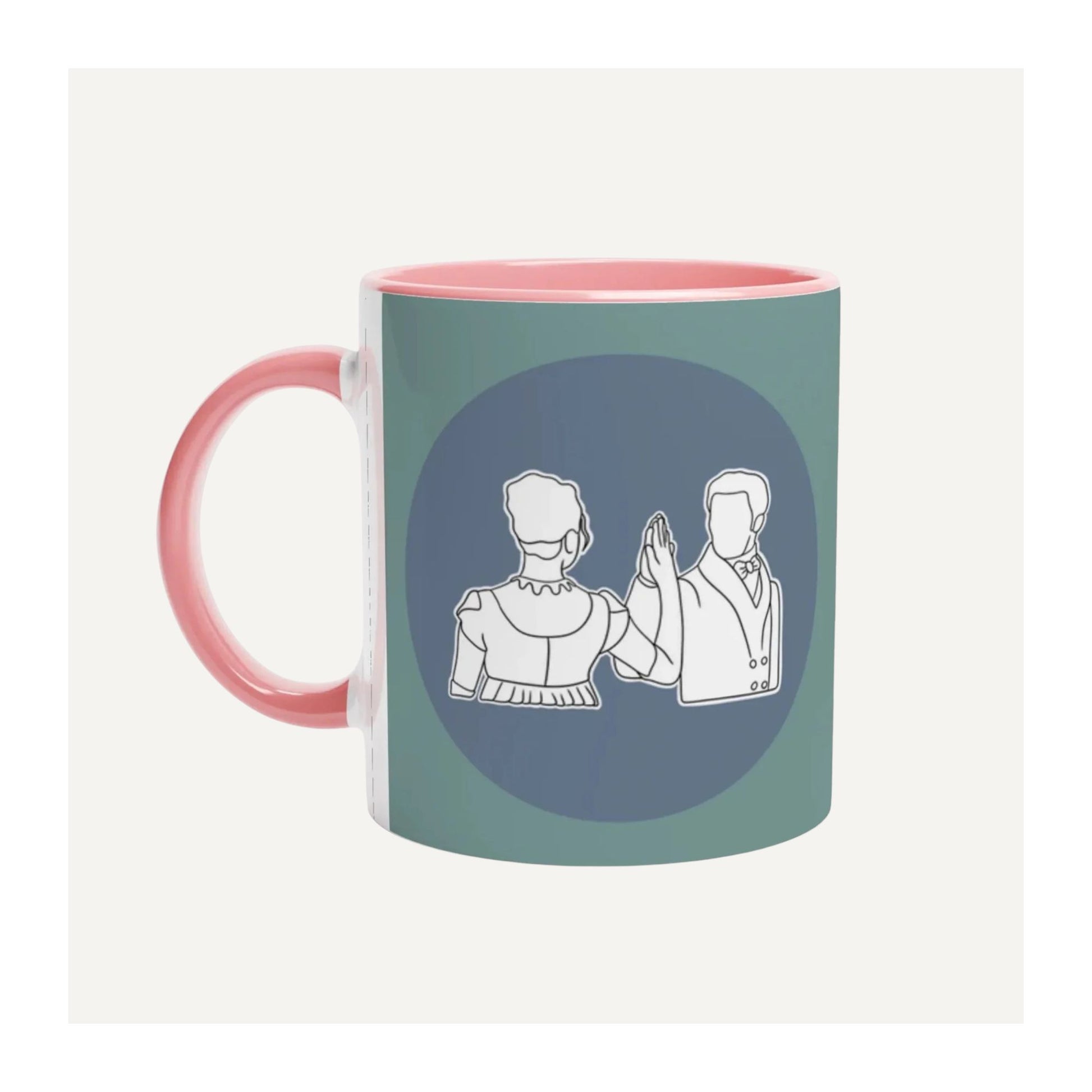 Pride and Prejudice inspired mug with a design of Mr Darcy and Elizabeth Bennett holding hands on a blue background, against a white background.