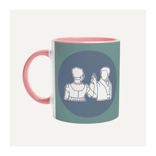 Pride and Prejudice inspired mug with a design of Mr Darcy and Elizabeth Bennett holding hands on a blue background, against a white background.