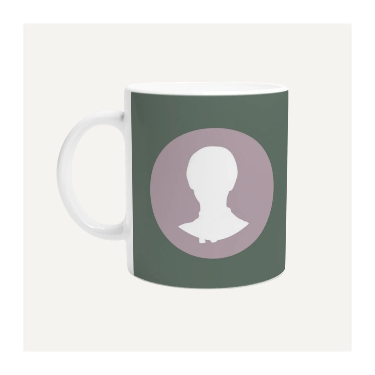Emily Brontë Fan Club mug in moorland green with a white Victorian-inspired silhouette on a muted heather circle, a literary gift for book lovers.