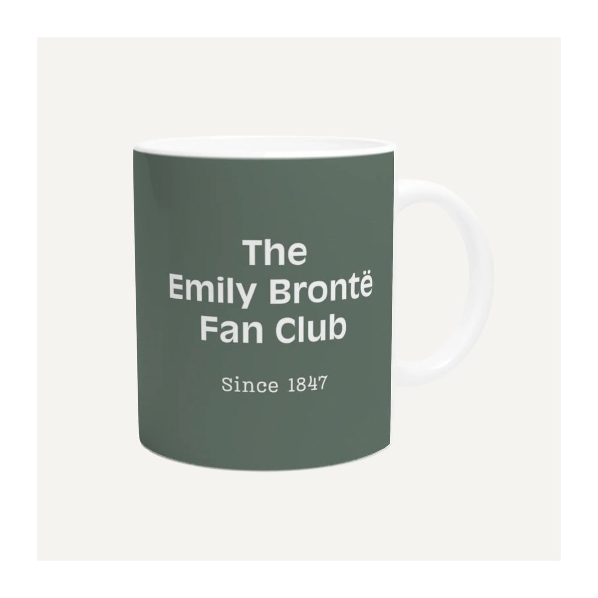 Emily Brontë Fan Club mug in moorland green featuring “Since 1847”, a Wuthering Heights literary gift for Brontë fans and book lovers.