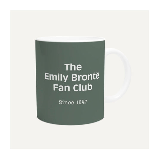 Emily Brontë Fan Club mug in moorland green featuring “Since 1847”, a Wuthering Heights literary gift for Brontë fans and book lovers.