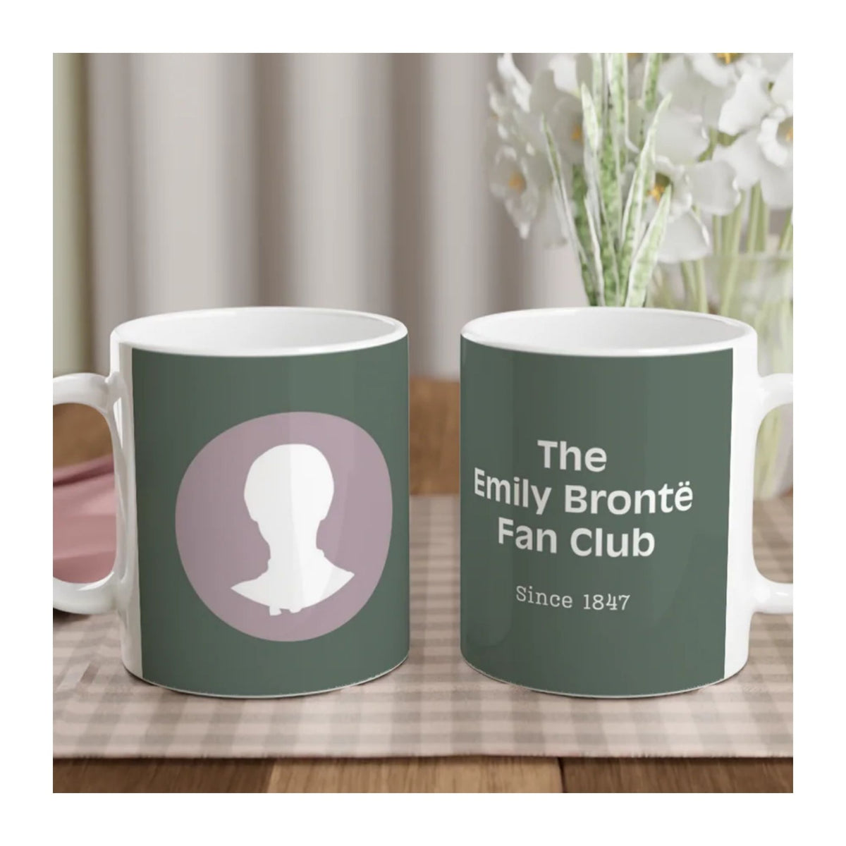 Emily Brontë Fan Club literary mug showing both sides of the design, with Victorian-inspired silhouette and “Since 1847” Wuthering Heights reference.