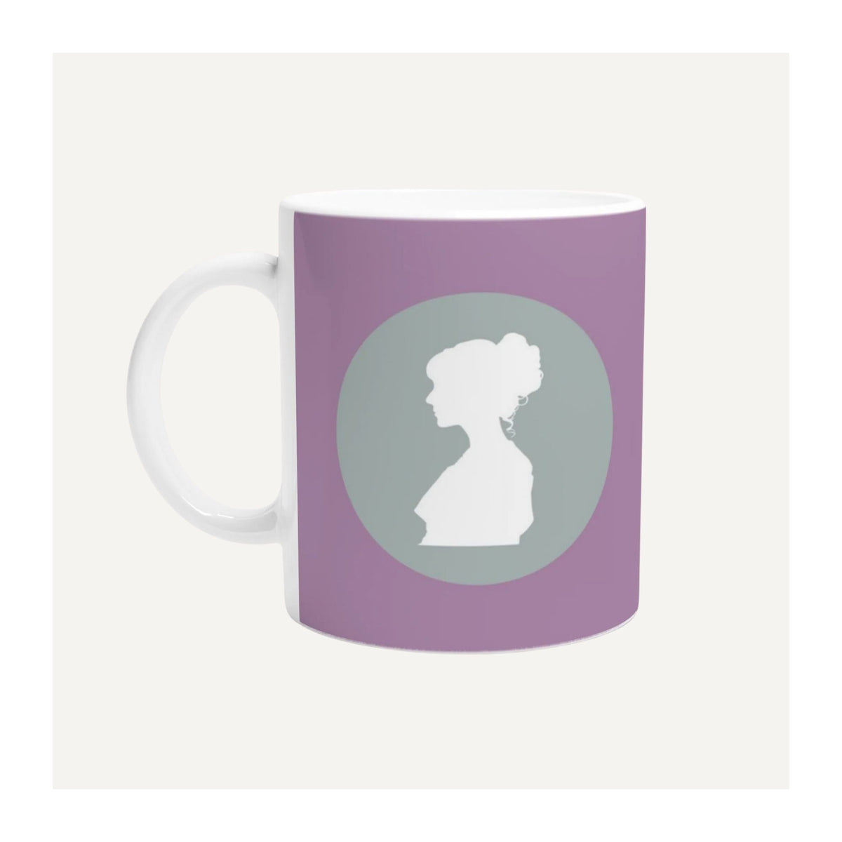 Lilac Jane Austen Fan Club mug with Regency-style Jane Austen silhouette in sage green and white, a literary gift for book lovers.