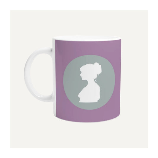 Lilac Jane Austen Fan Club mug with Regency-style Jane Austen silhouette in sage green and white, a literary gift for book lovers.