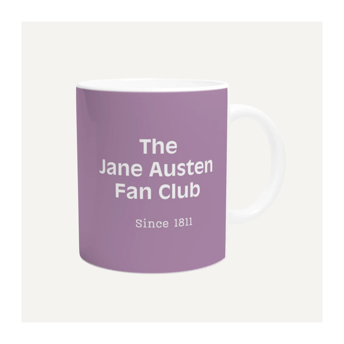 Lilac Jane Austen mug featuring “The Jane Austen Fan Club – Since 1811” design, a fun literary gift for Austen fans and readers.