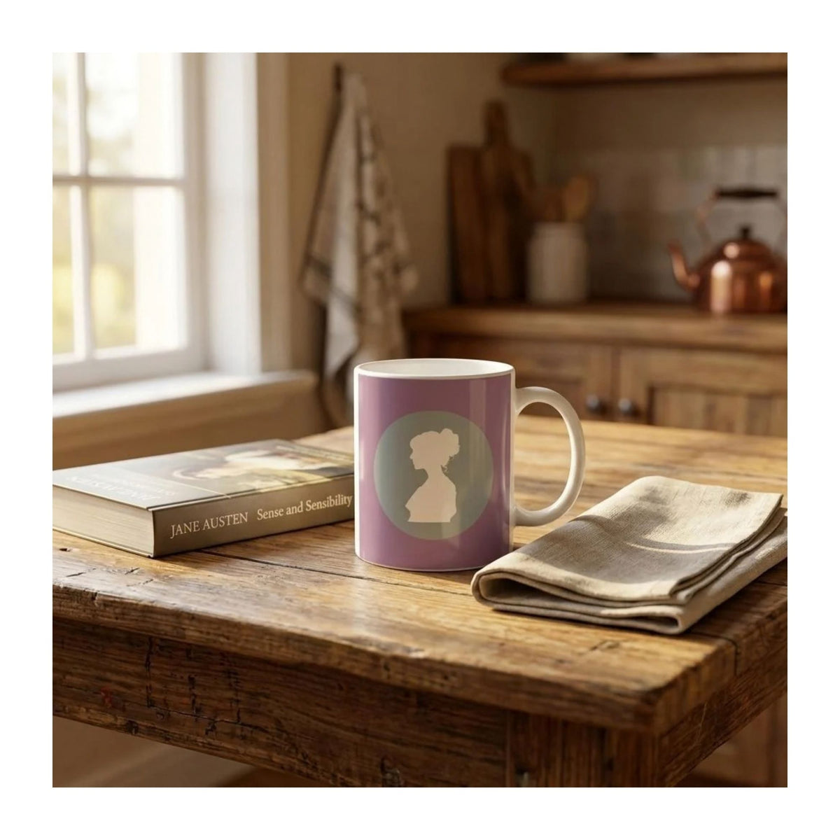 Jane Austen Fan Club literary mug displayed beside a copy of Sense and Sensibility, a gift idea for Jane Austen fans and book lovers.