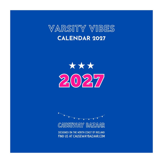 Varsity Vibes Calendar 2027 cover in blue and pink with bold collegiate-style lettering, stars and colourful retro varsity design.