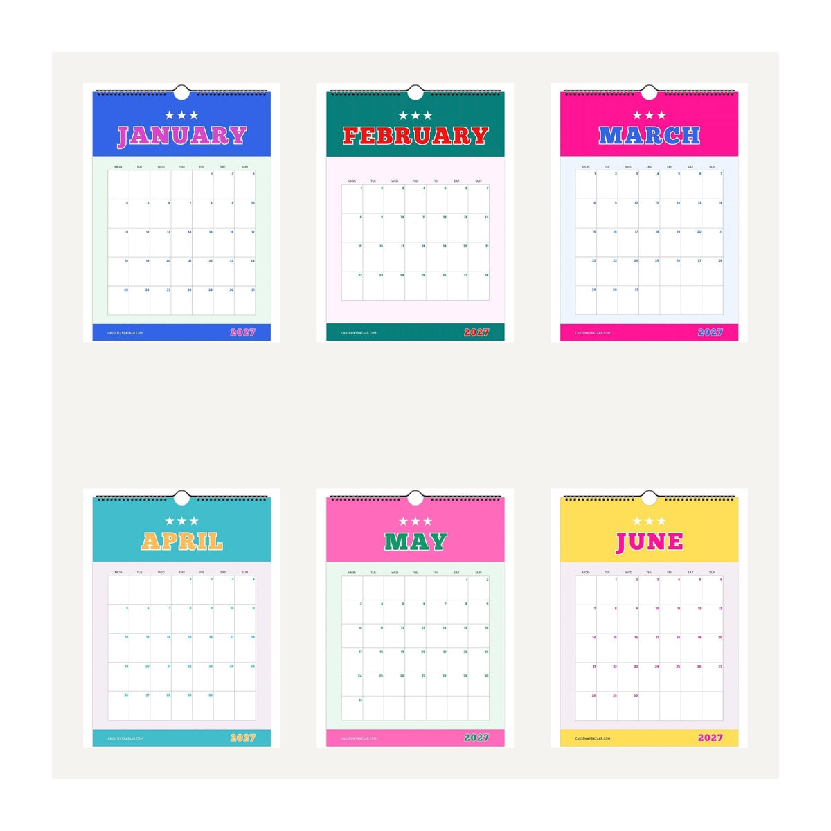 Varsity Vibes Calendar 2027 showing January to June with colourful monthly designs, bold outlined collegiate lettering and spacious calendar grids.