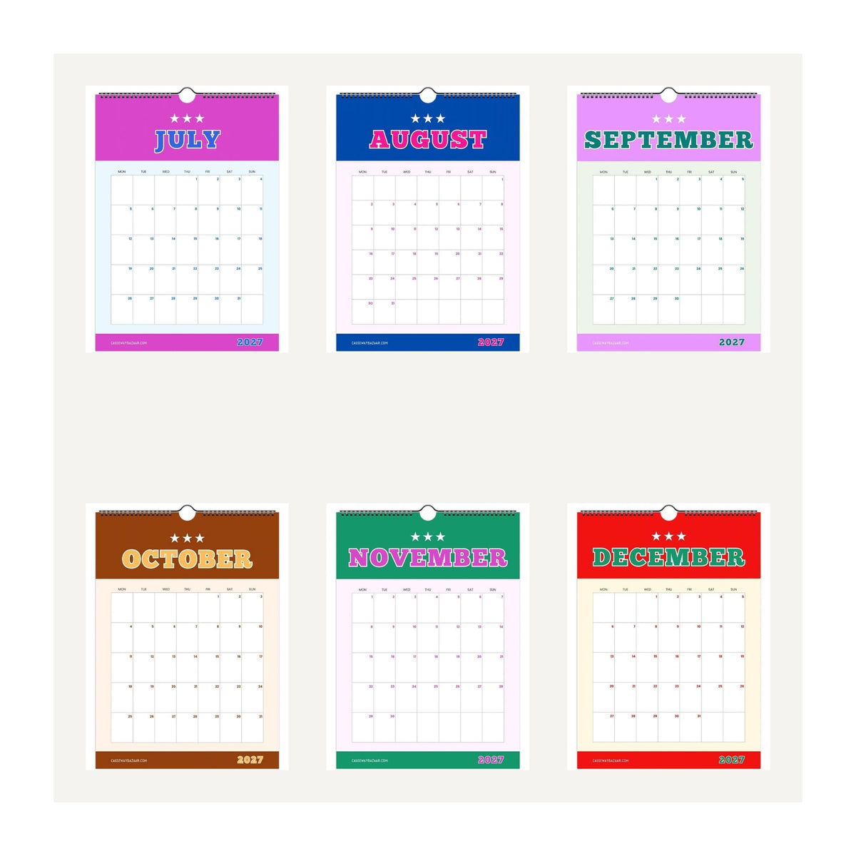 Varsity Vibes Calendar 2027 showing July to December with bright varsity-style typography, three-star details and practical monthly planning grids.